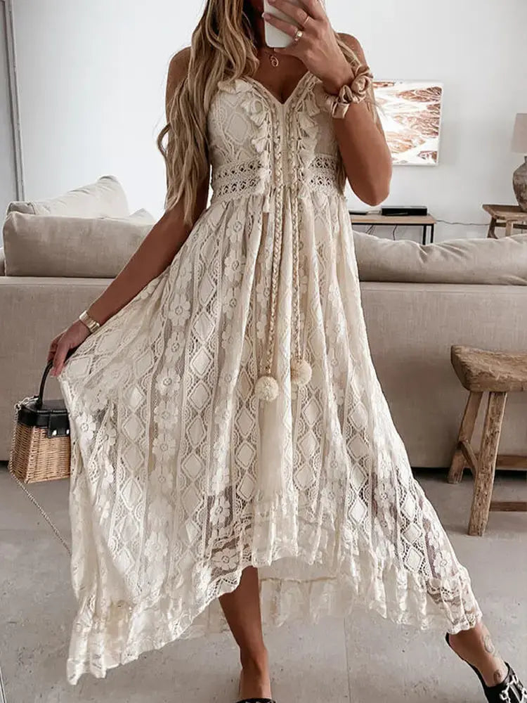Beige women’s summer maxi dress by Lamp Post featuring lightweight fabric and flowing design, perfect for warm weather.