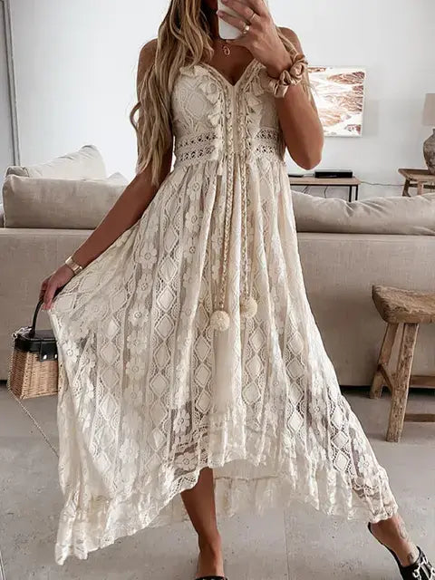 Beige women's summer maxi dress by Lamp Post, flowing fabric, sleeveless design, suitable for warm weather and casual outings.