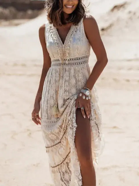 Beige women’s summer maxi dress by Lamp Post, flowing fabric, sleeveless design, perfect for warm weather and casual occasions.