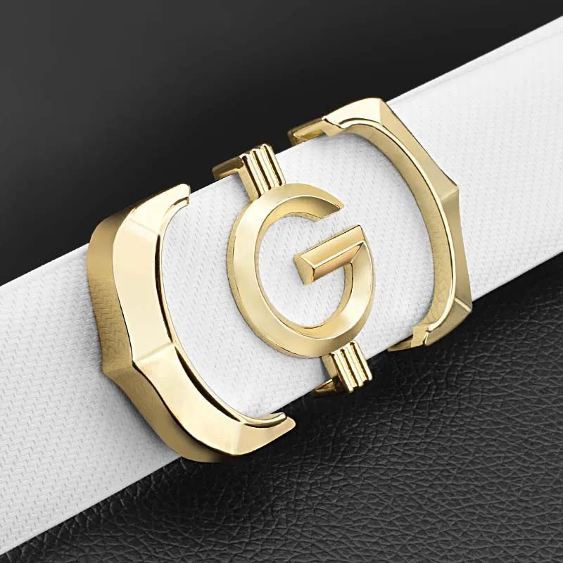 White genuine leather men's belt with silver buckle, designer G letter, solid cowskin, casual style, 115cm length, Lamp Post brand.