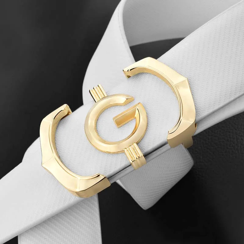 White genuine leather men's belt with a silver G letter buckle, casual style, 115cm length, solid smooth design by Lamp Post.