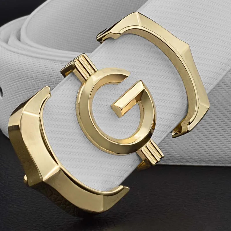 White genuine leather men's belt with silver buckle, designer G letter detail, casual style, 115cm, solid cowskin from Lamp Post.