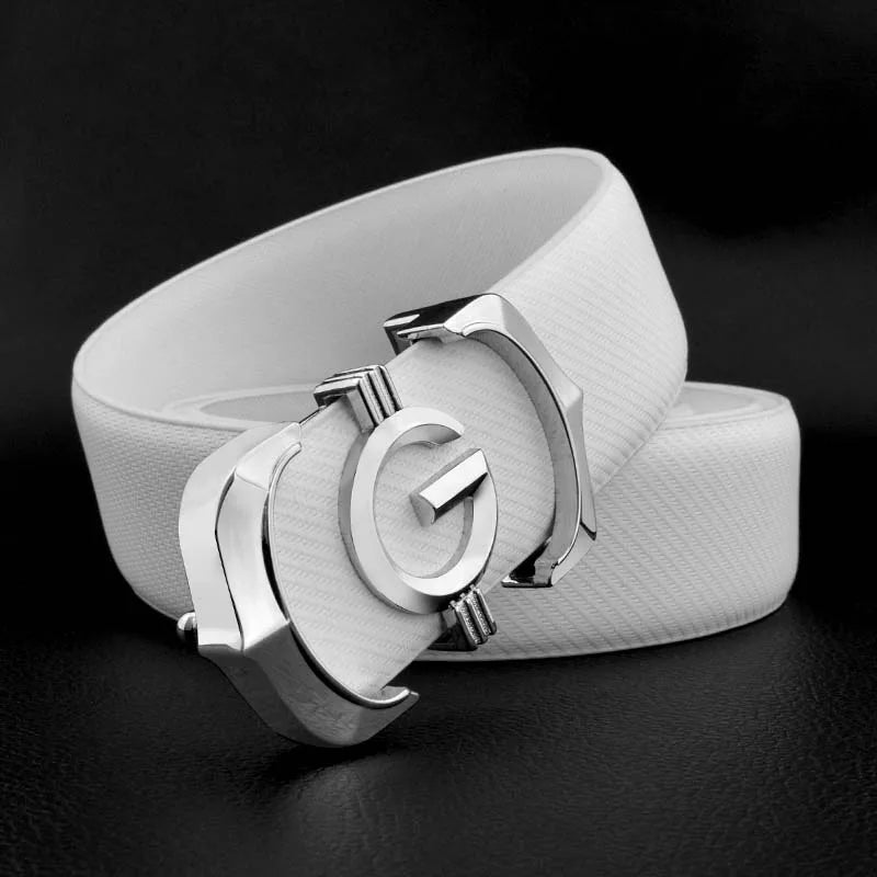 White genuine leather men's belt with smooth buckle and G letter design, casual style, 115cm, from Lamp Post.