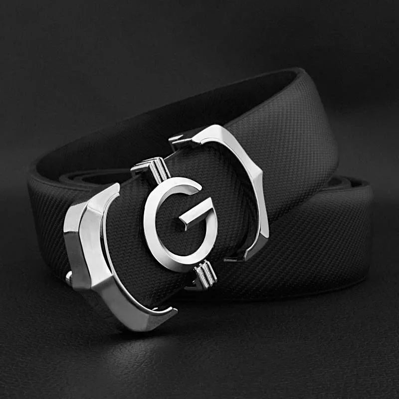 White genuine leather men's belt with smooth buckle and G letter design, 115cm, casual style, by Lamp Post.