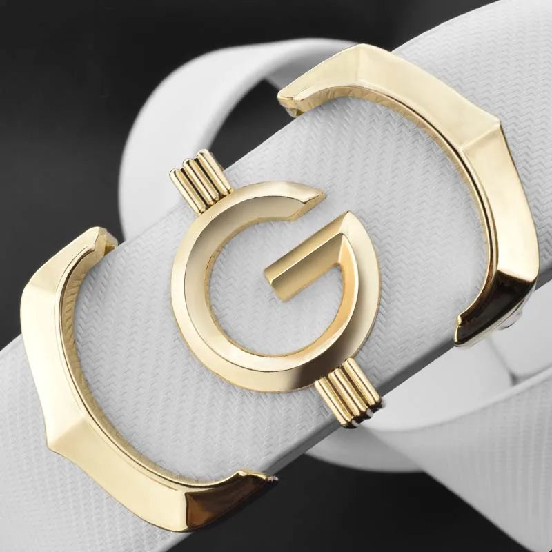 White genuine leather men's belt with a silver G letter buckle, solid cowskin design, 115cm, casual style by Lamp Post.