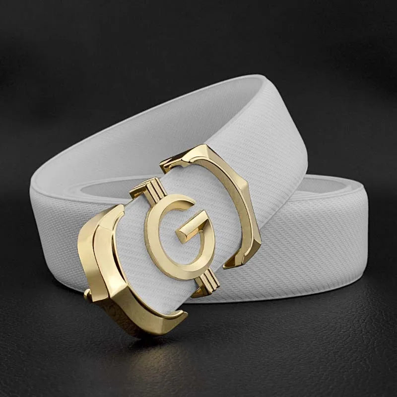White genuine leather men's belt with silver buckle, designer G letter, 115cm, casual style, Cowskin material, Lamp Post brand.