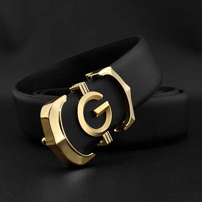 White genuine leather men's belt with a silver buckle, featuring a G letter design, from Lamp Post, 115cm casual designer belt.