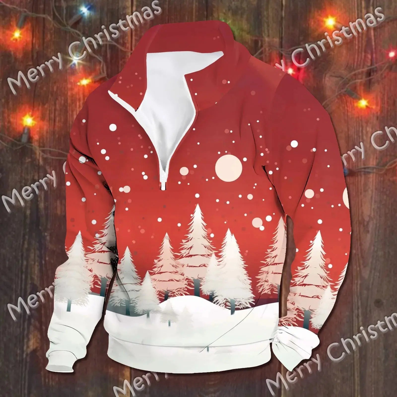 Men's red zipper sweatshirt by Lamp Post featuring Christmas vintage design, long sleeves, casual autumn pullover for men.