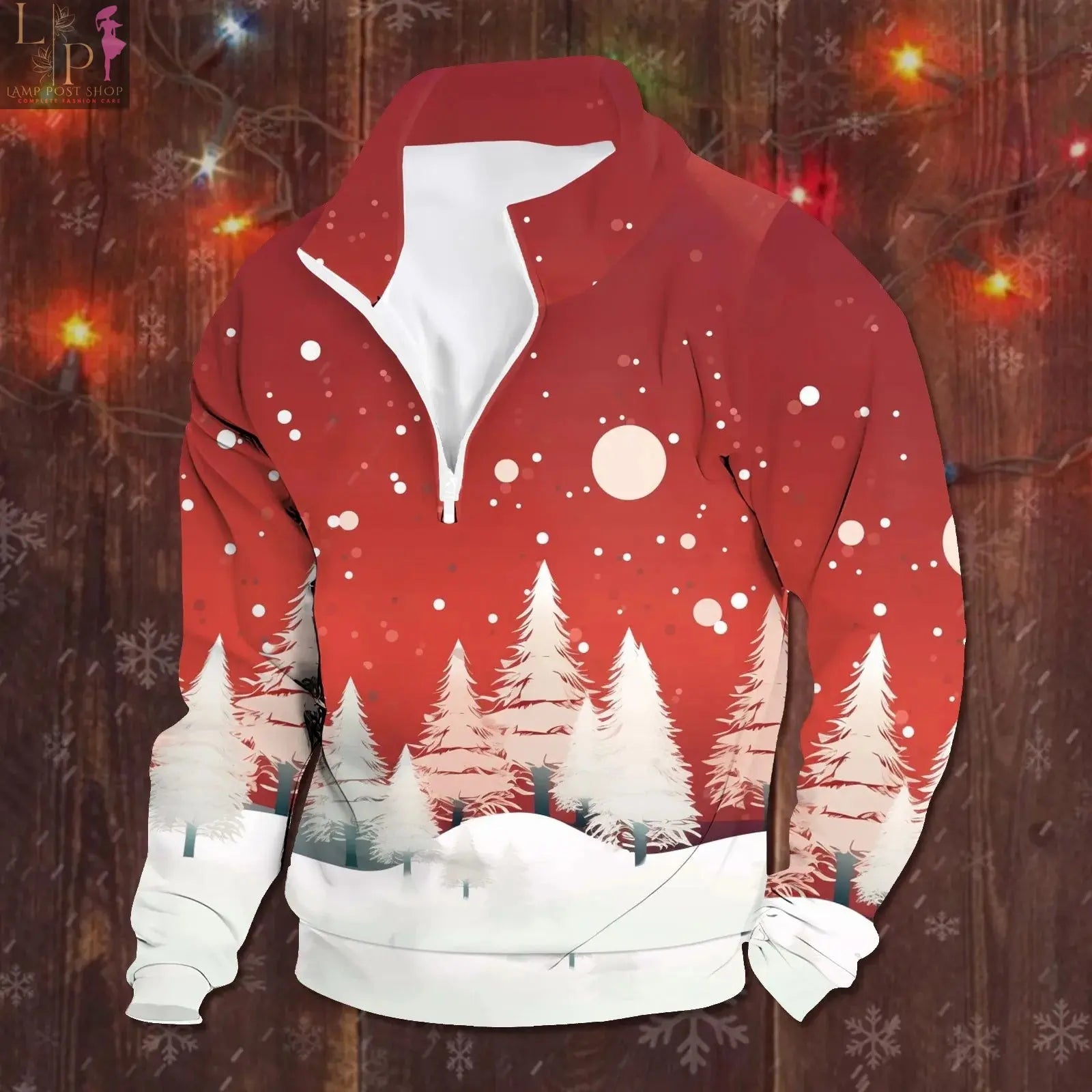 Men's red zipper sweatshirt by Lamp Post featuring a vintage Christmas design, long sleeves, casual style, suitable for autumn.