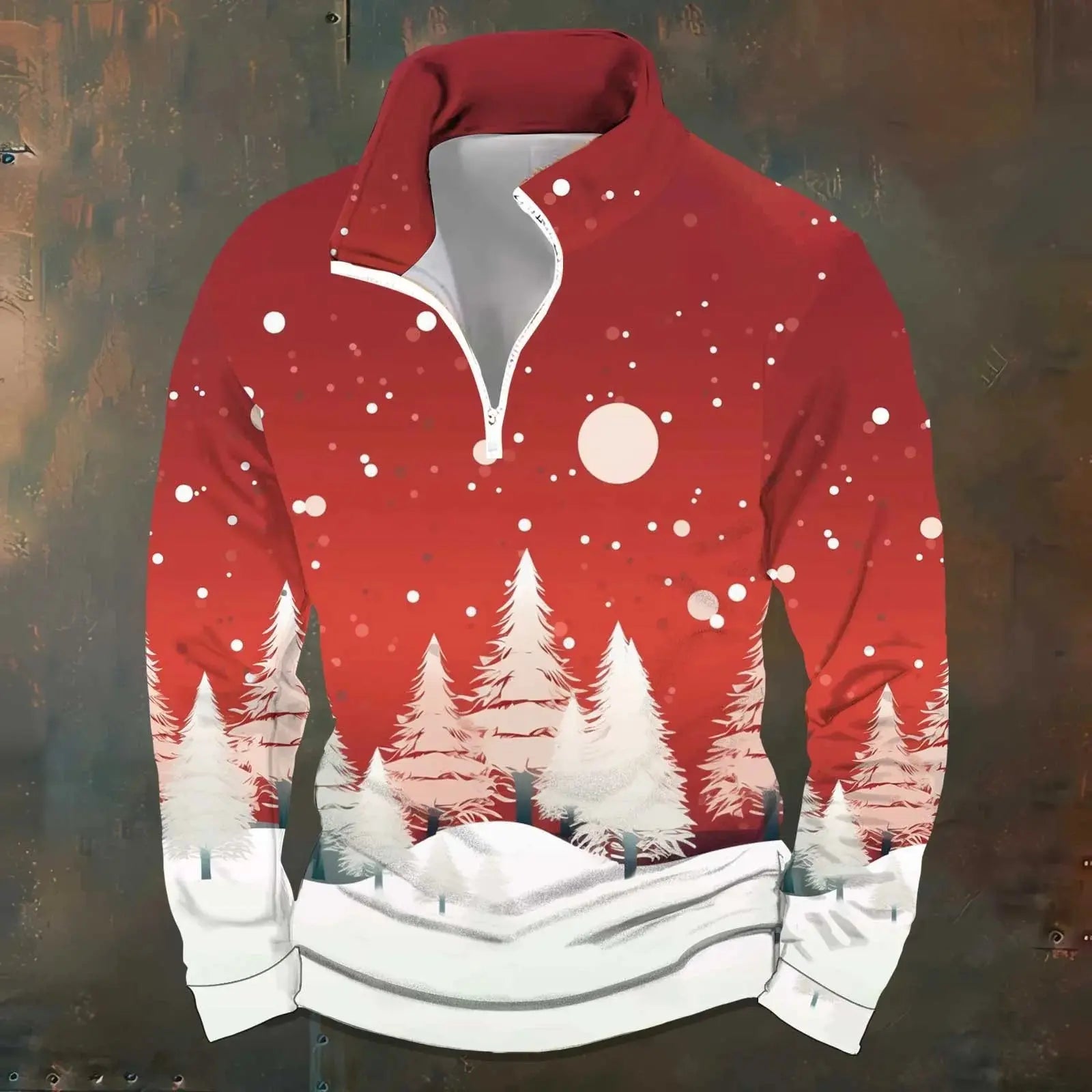 Red men's zipper sweatshirt with vintage Christmas design, long sleeves, casual autumn pullover by Lamp Post, stylish men's clothing.