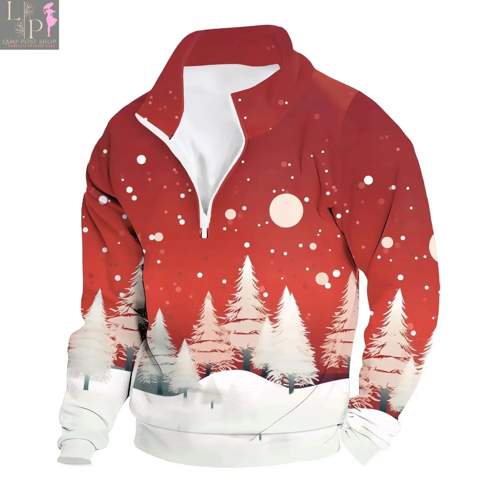 Men's red zipper sweatshirt by Lamp Post, Christmas vintage jacket, casual long-sleeve pullover for autumn wear.