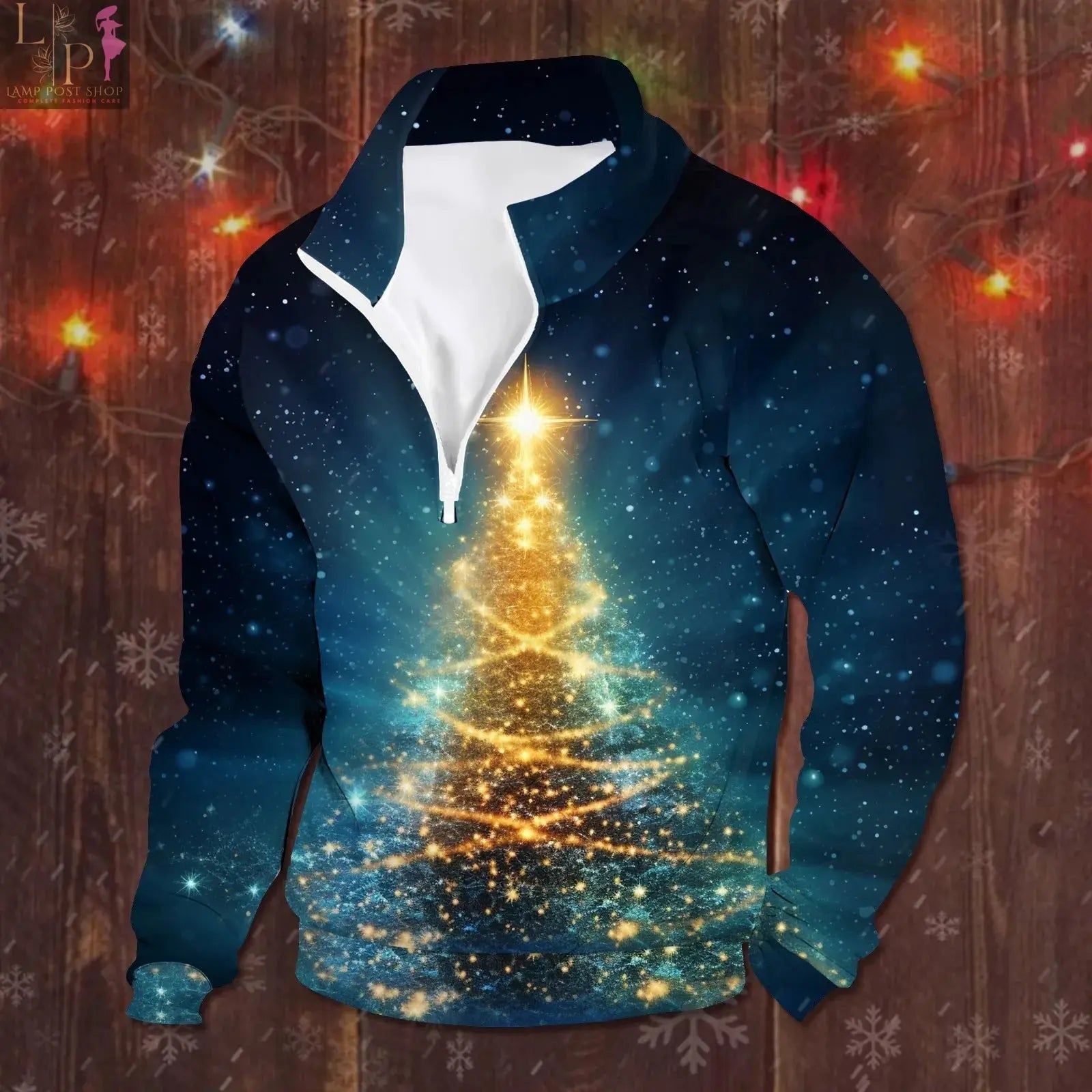 Men's red zipper sweatshirt by Lamp Post featuring a Christmas vintage design, long sleeves, casual autumn pullover, men's fashion clothing.