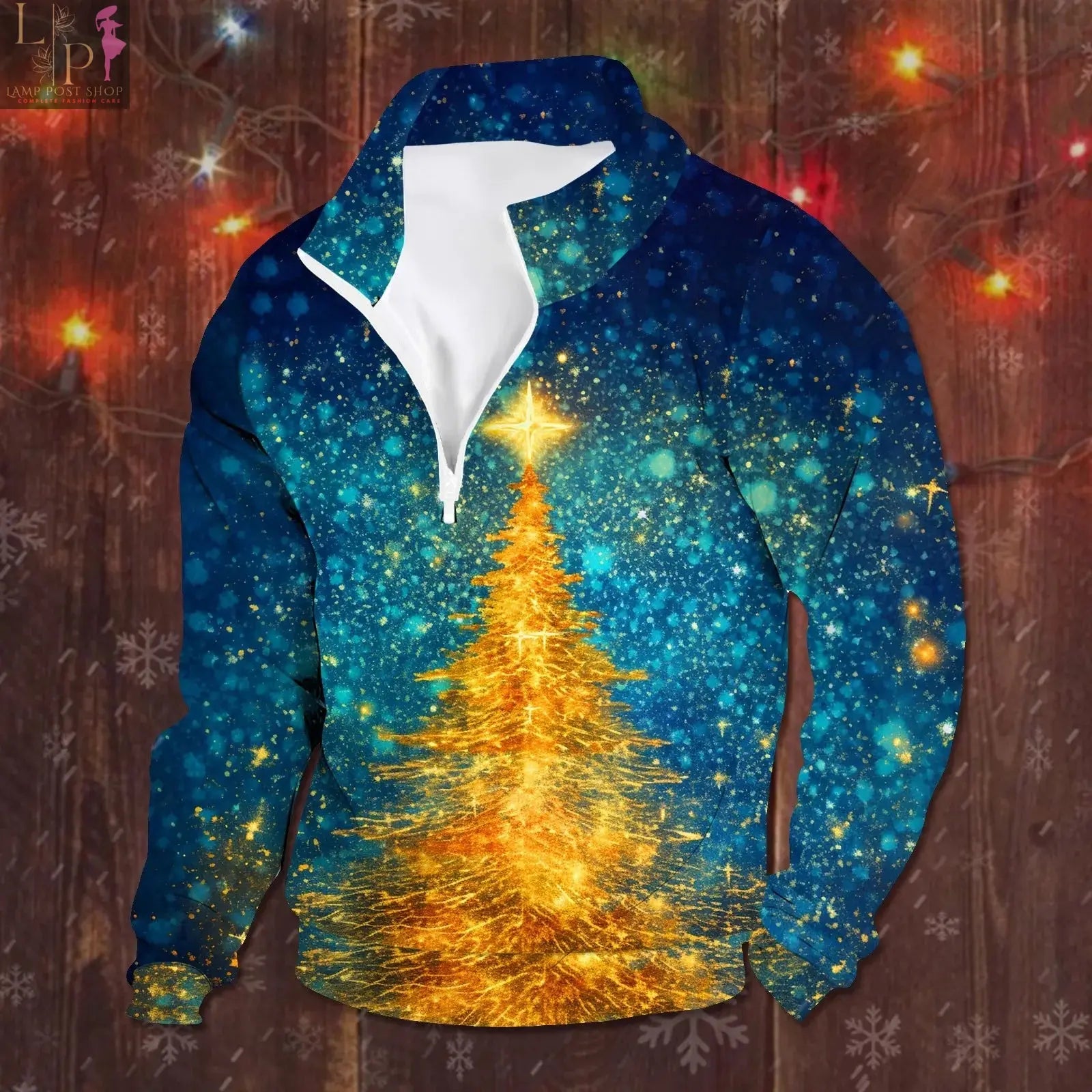 Men's red zipper sweatshirt by Lamp Post featuring vintage Christmas and autumn casual long-sleeve pullover for men.