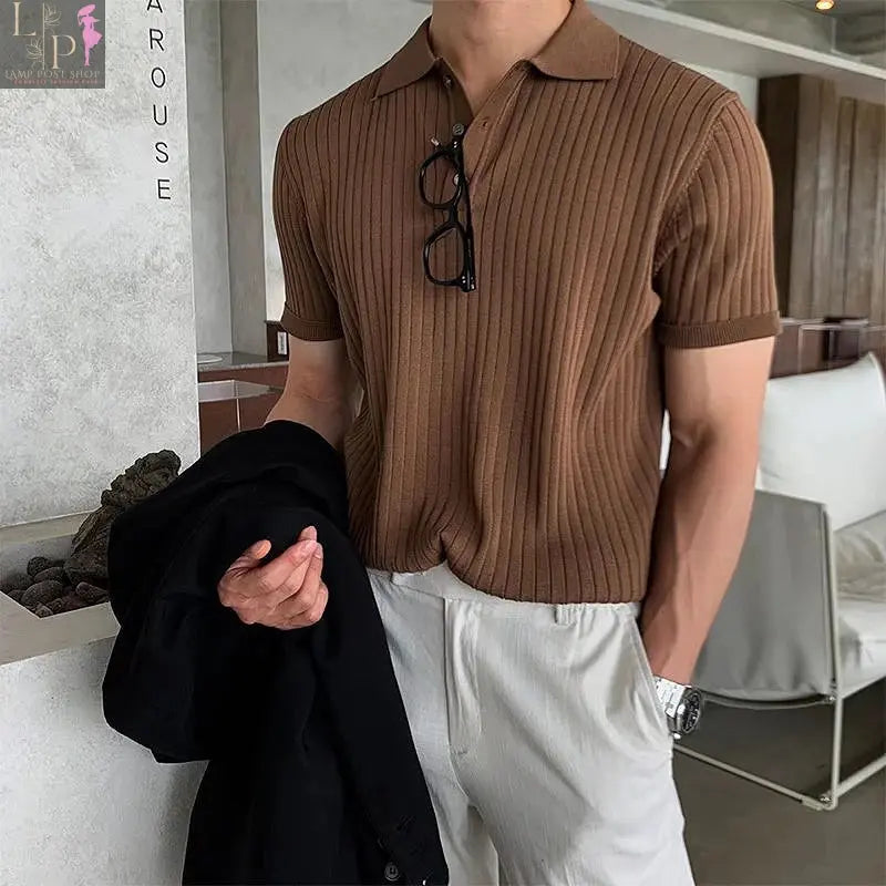 Men's black luxury knitted polo shirt from Lamp Post, 2023 men's dress clothing, medium size, stylish and comfortable.