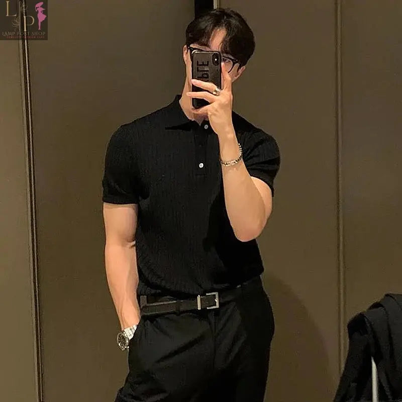 Black men's luxury knitted polo shirt from Lamp Post, stylish and comfortable men's dress clothing for 2023.