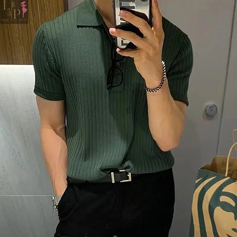 Black men's luxury knitted polo shirt by Lamp Post, stylish 2023 men's dress clothing with a classic fit and textured fabric.