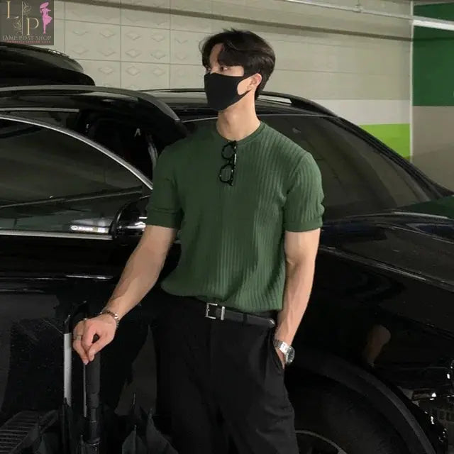 Black men's luxury knitted polo shirt from Lamp Post, 2023 men's clothing collection, stylish and comfortable dress shirt.