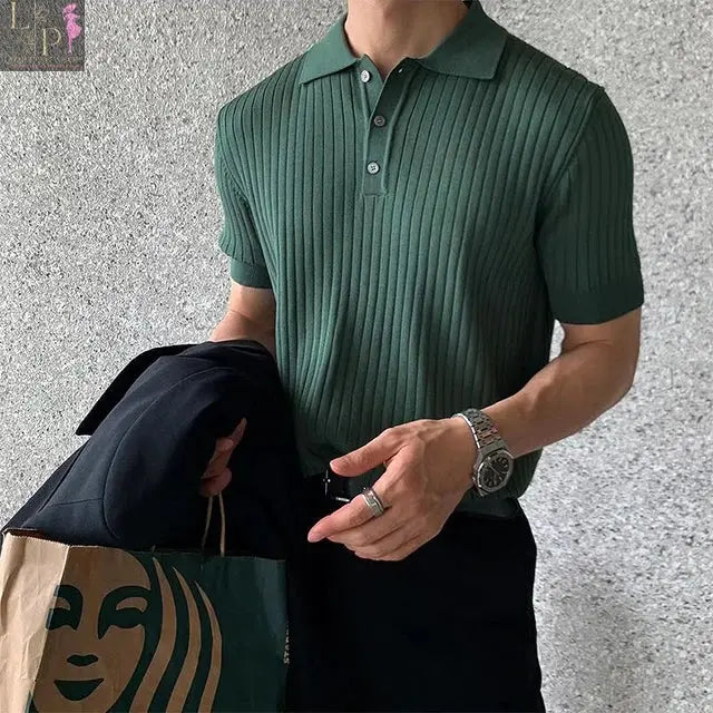 Black luxury knitted polo shirt for men by Lamp Post, stylish men's dress clothing in a medium size.