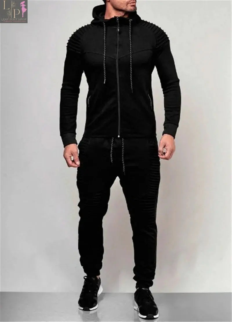 Black men's track suit by Lamp Post, designed as a stylish men's dress outfit with a comfortable fit and modern look.