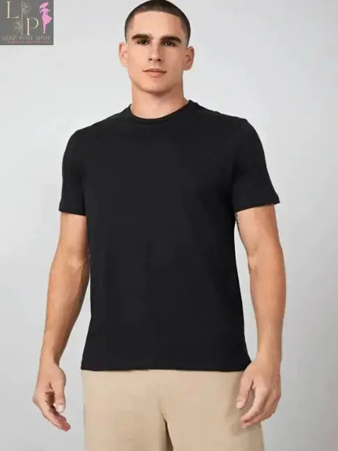 Black men's dress shirt by Lamp Post, small size, displayed flat with collar and buttons visible.