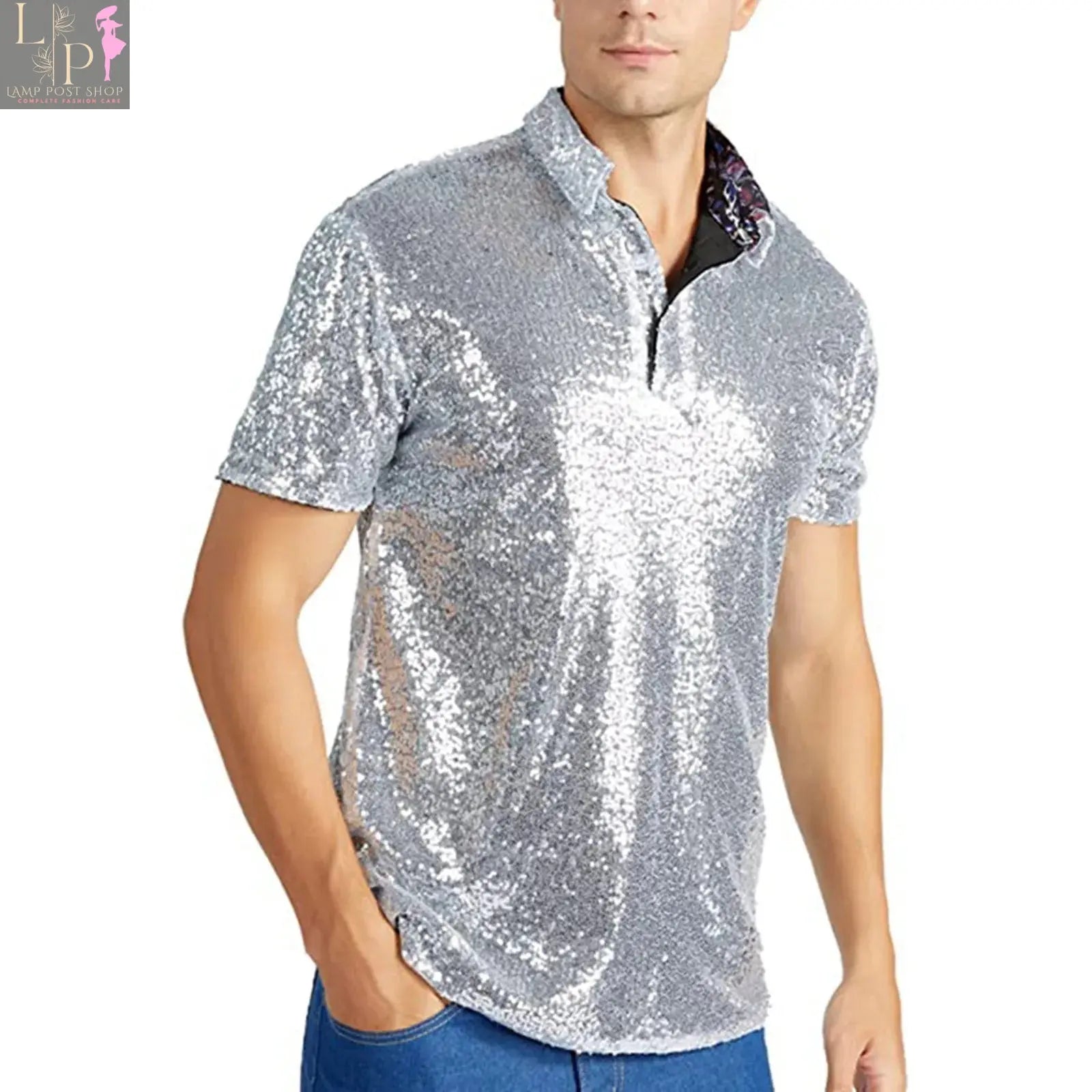 Men's relaxed short sleeve polo shirt by Lamp Post, gold color, casual 70s disco-inspired look, suitable for business casual occasions.
