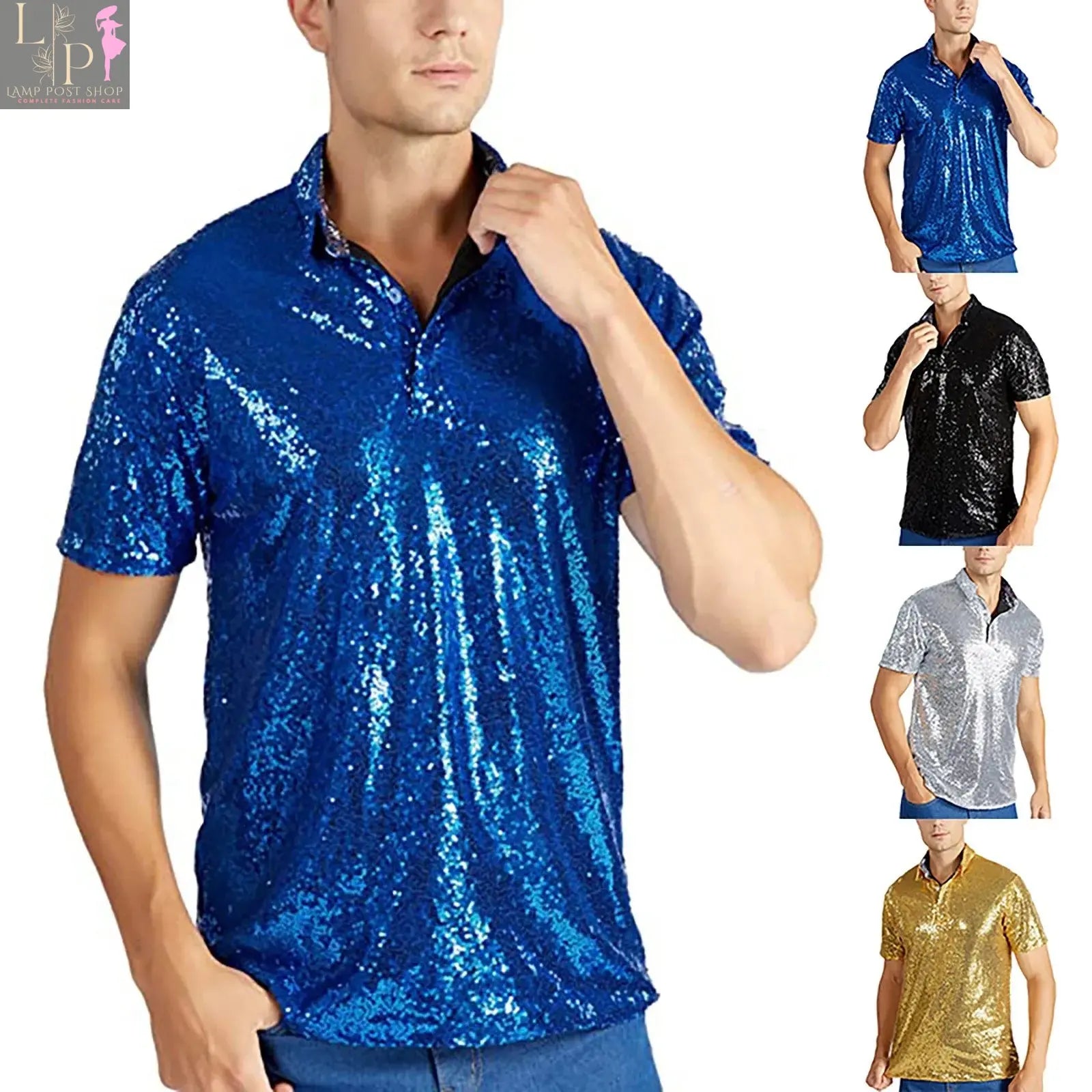 Men's relaxed short sleeve polo shirt by Lamp Post, gold color, perfect for 70s disco parties and business casual wear.