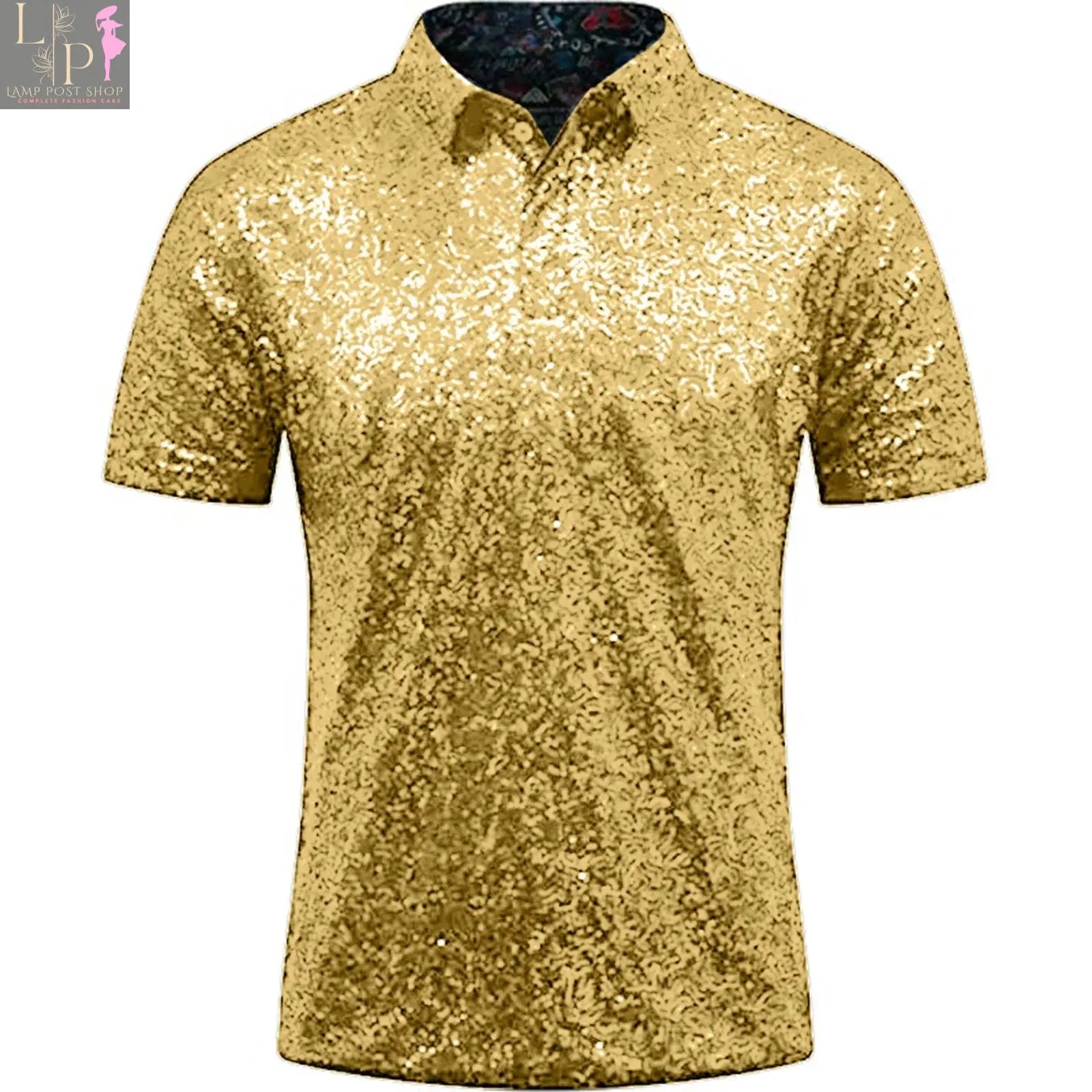 Men's relaxed gold short sleeve polo shirt by Lamp Post, perfect for 70s disco, nightclub, or business casual wear, men's dress shirt.