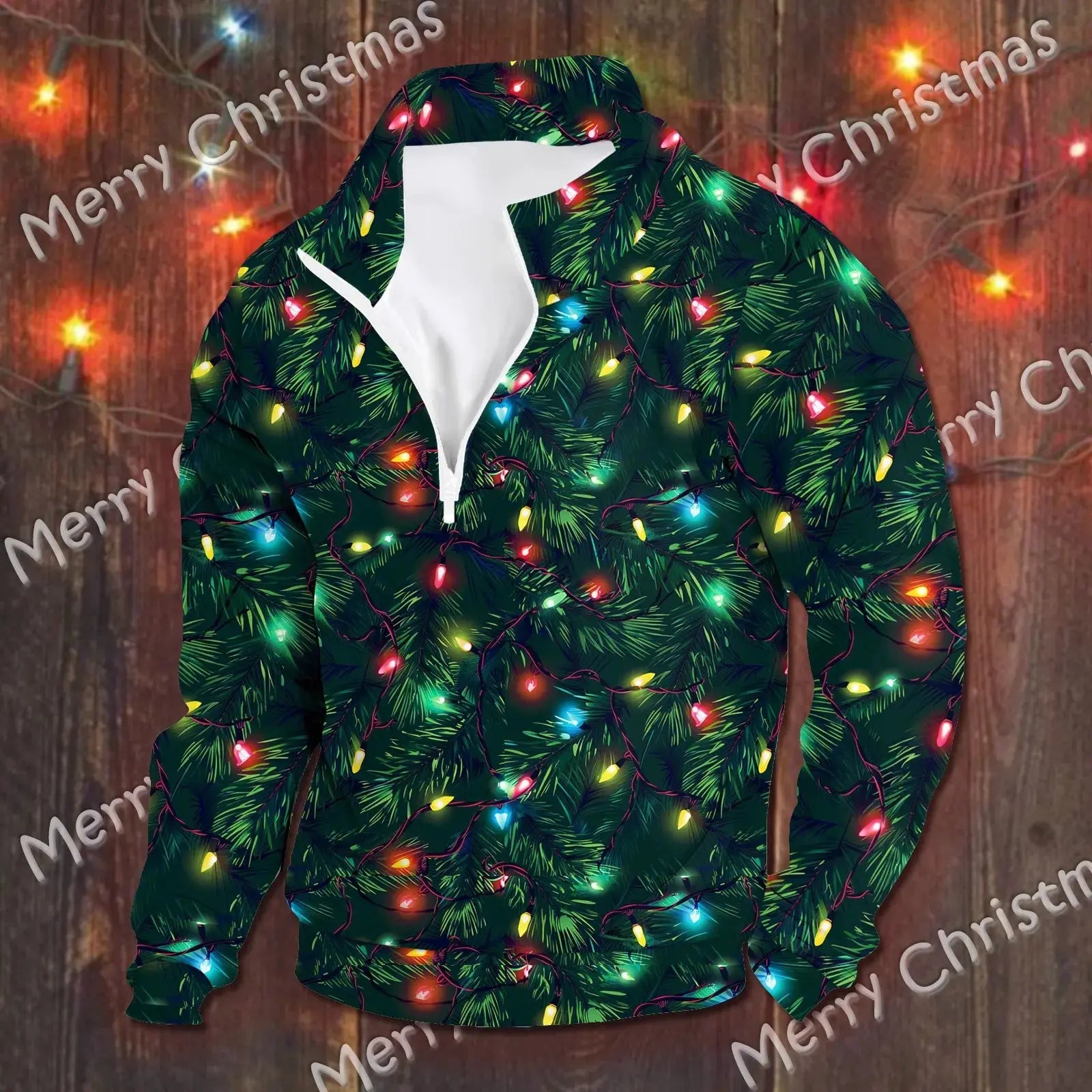 Green 3D-printed Christmas Tree hoodie for men, oversized Y2K fashion long-sleeve pullover, by Lamp Post.
