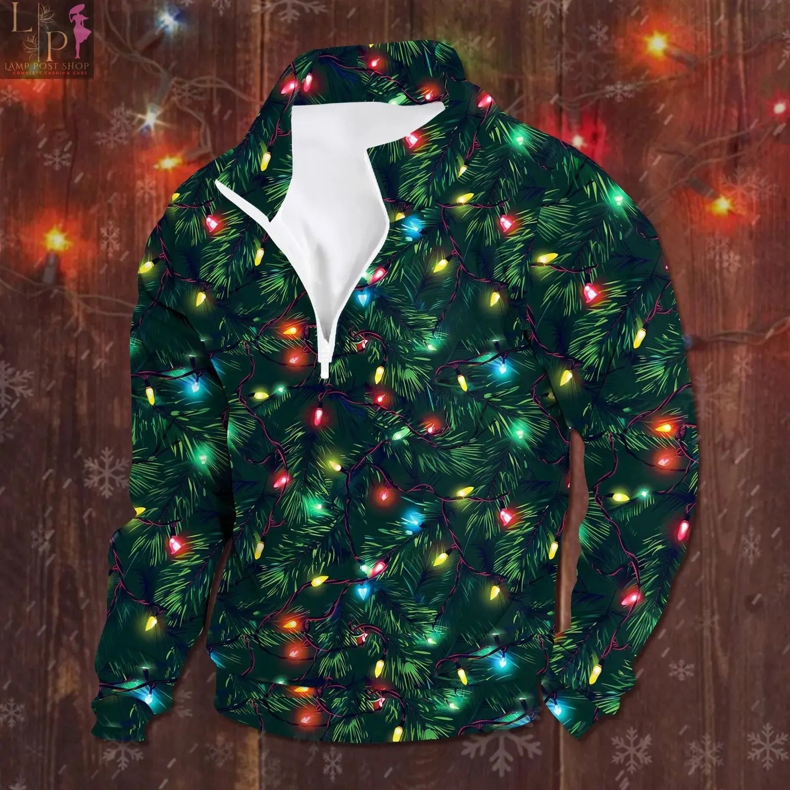 Green 3D-printed Christmas Tree hoodie for men, oversized Y2K fashion long-sleeve pullover by Lamp Post.