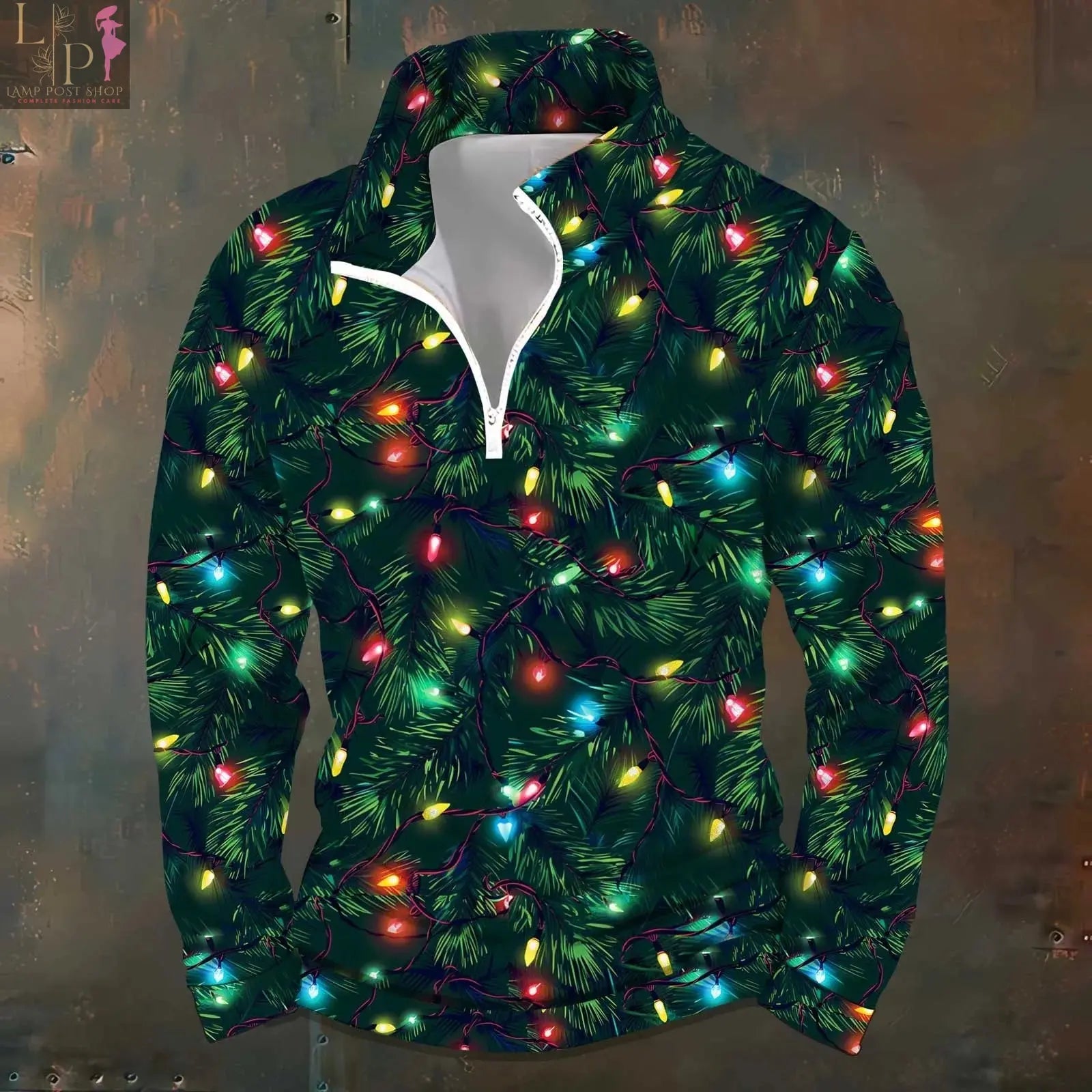 Green 3D-printed Christmas Tree hoodie for men, oversized long-sleeve pullover in Y2K fashion style by Lamp Post.