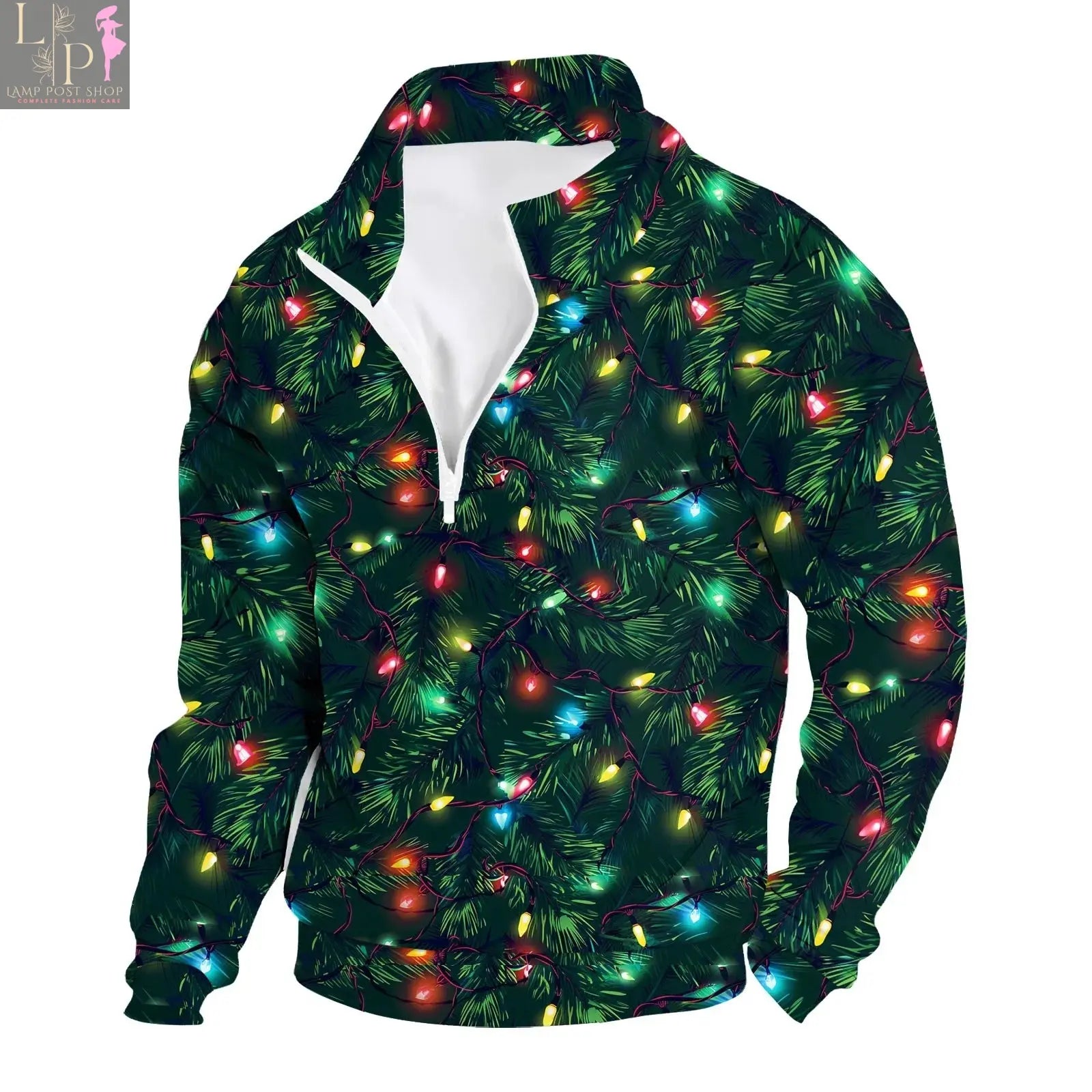 Green 3D-printed Christmas Tree hoodie for men, oversized long-sleeve pullover with Y2K fashion style by Lamp Post.