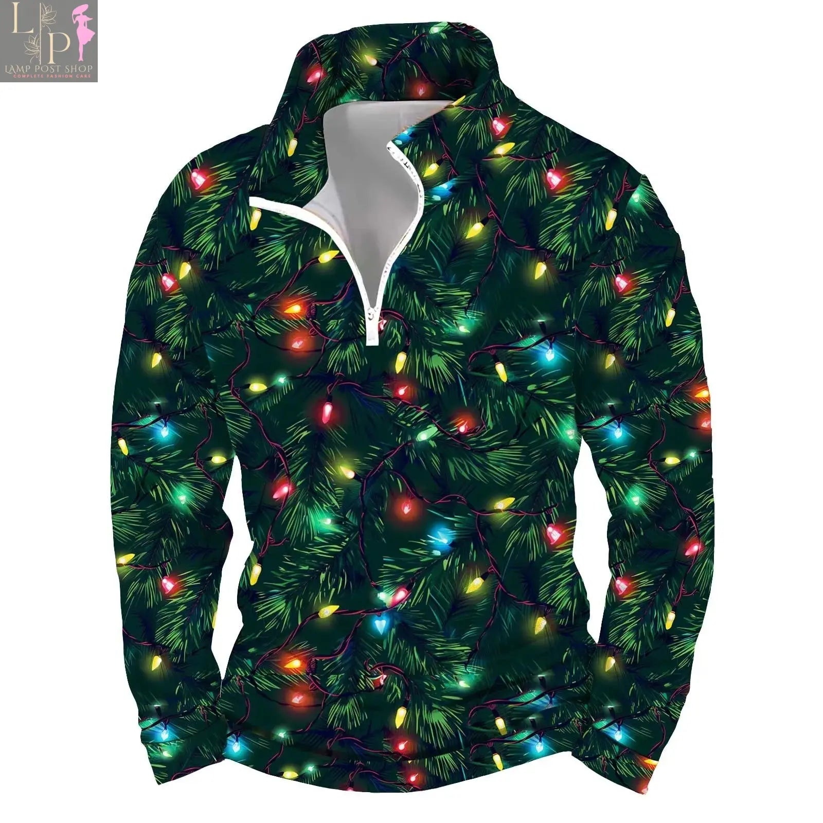 Green 3D-printed Christmas Tree hoodie for men, Y2K oversized long-sleeve pullover, stylish Lamp Post fashion.