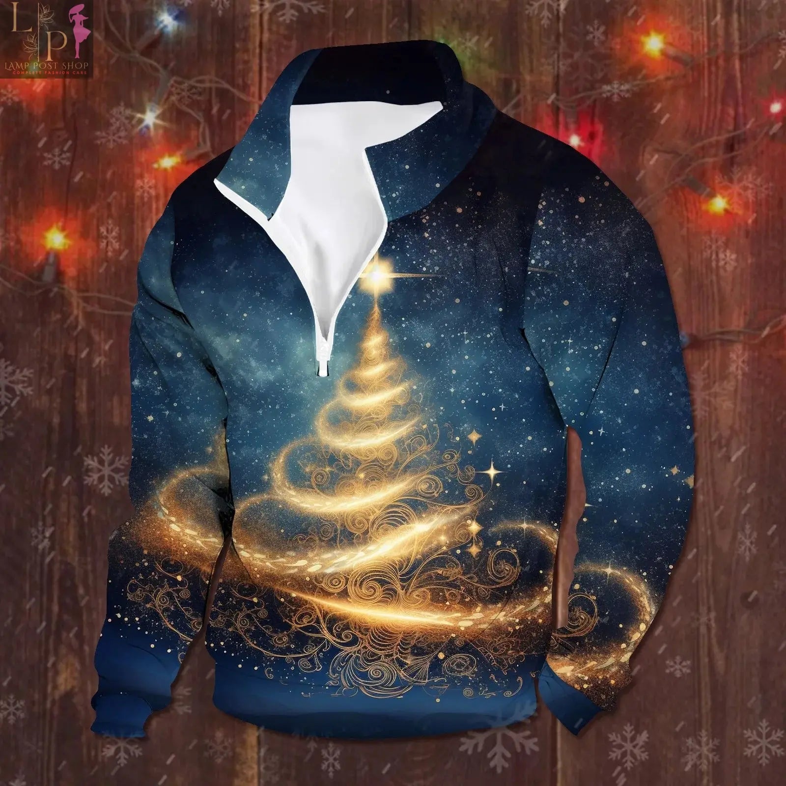 Men's oversized green Christmas Tree hoodie with 3D-printed design, Y2K fashion style, long-sleeve pullover by Lamp Post.