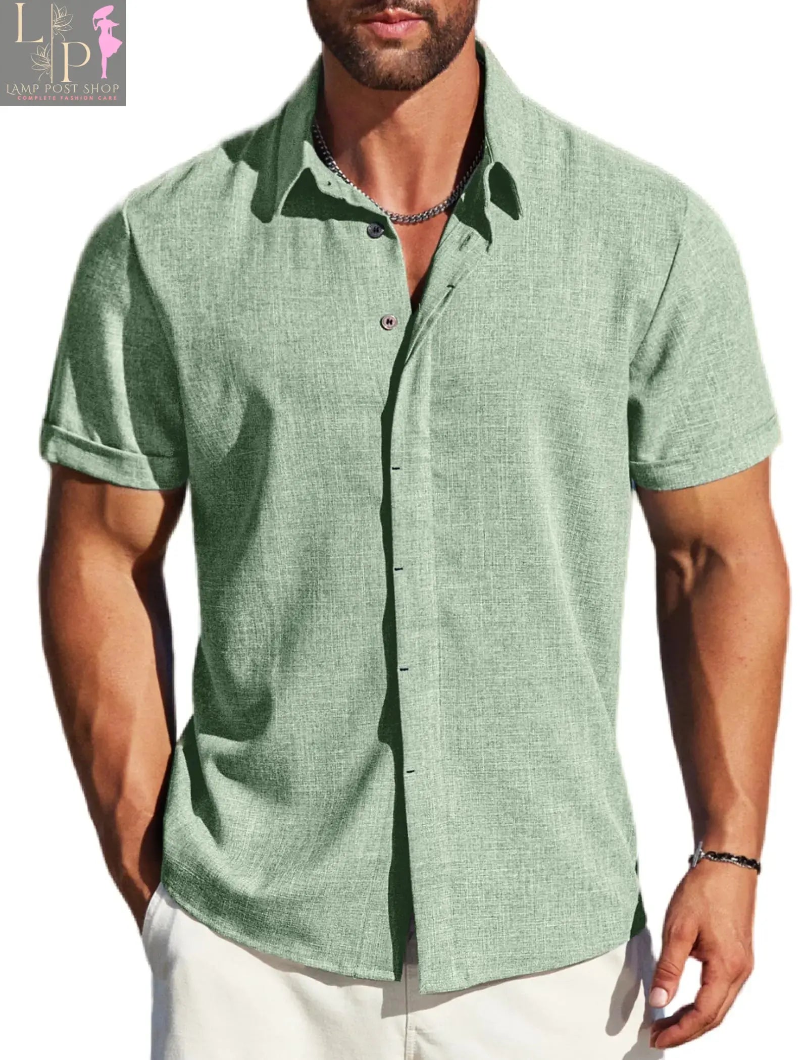 Men's short sleeve linen dress shirt by Lamp Post in green, 3X-Large, casual and beach fashion style, perfect for summer wear.