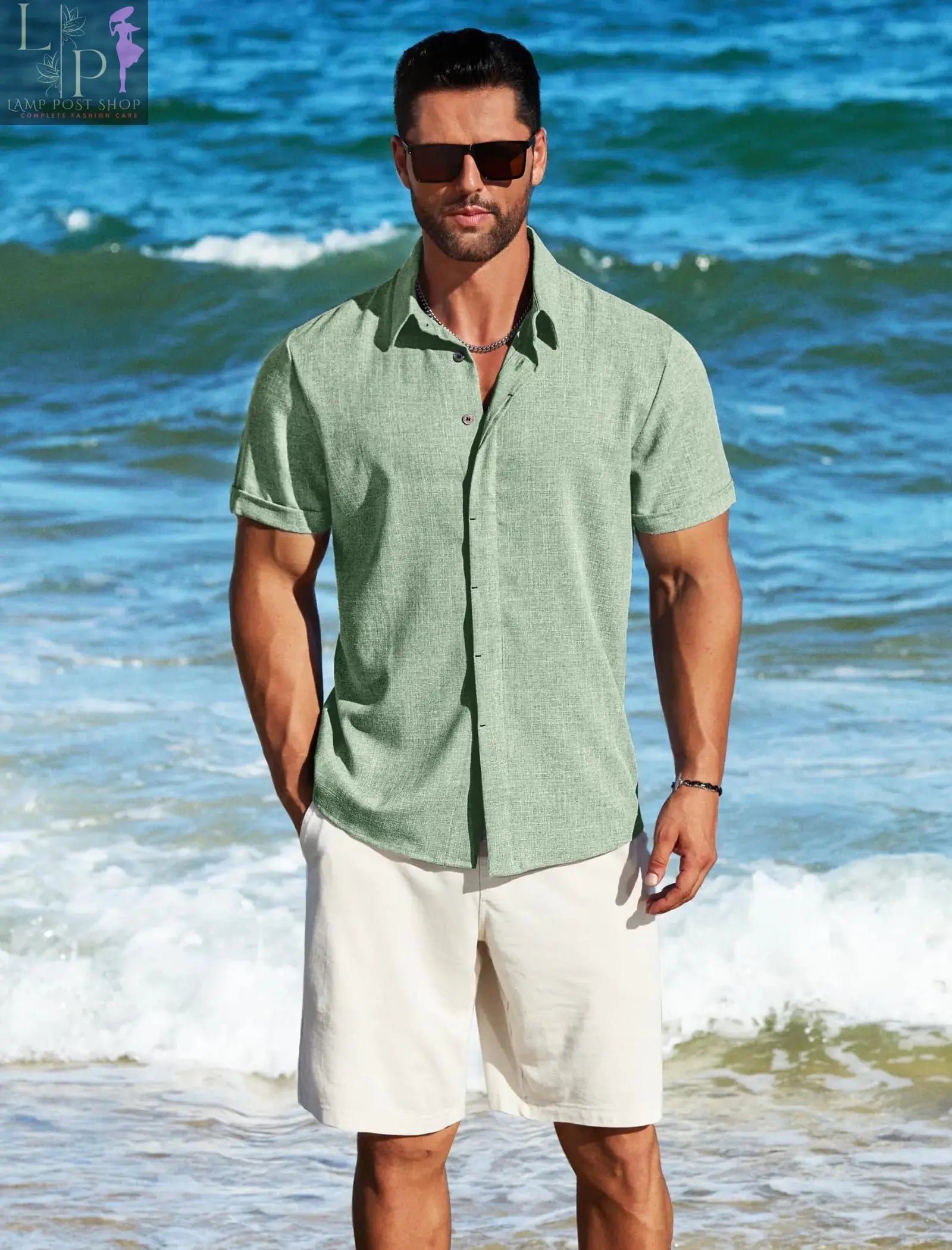 Green men's linen short sleeve dress shirt by Lamp Post, casual and business style, 3X-Large size, suitable for summer and beachwear.