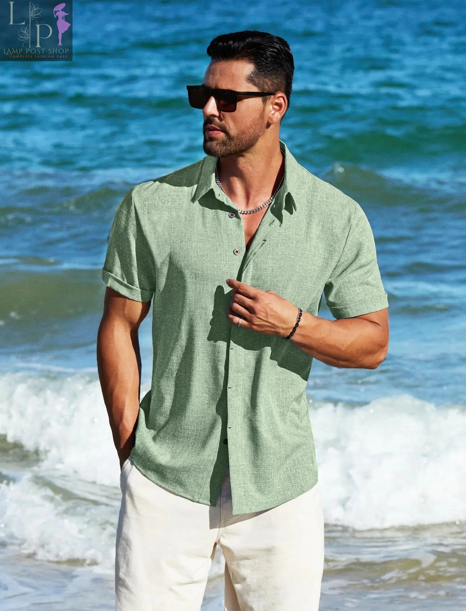 Green men's short sleeve linen dress shirt by Lamp Post, casual summer top, 3X-large, suitable for beach, business, and casual wear.