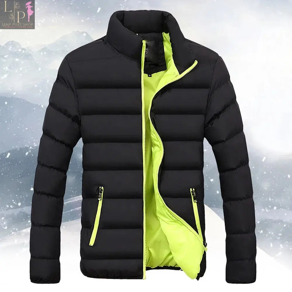 Men's green thickened cotton sports coat for autumn and winter, Lamp Post men's dress coat with a tailored fit.