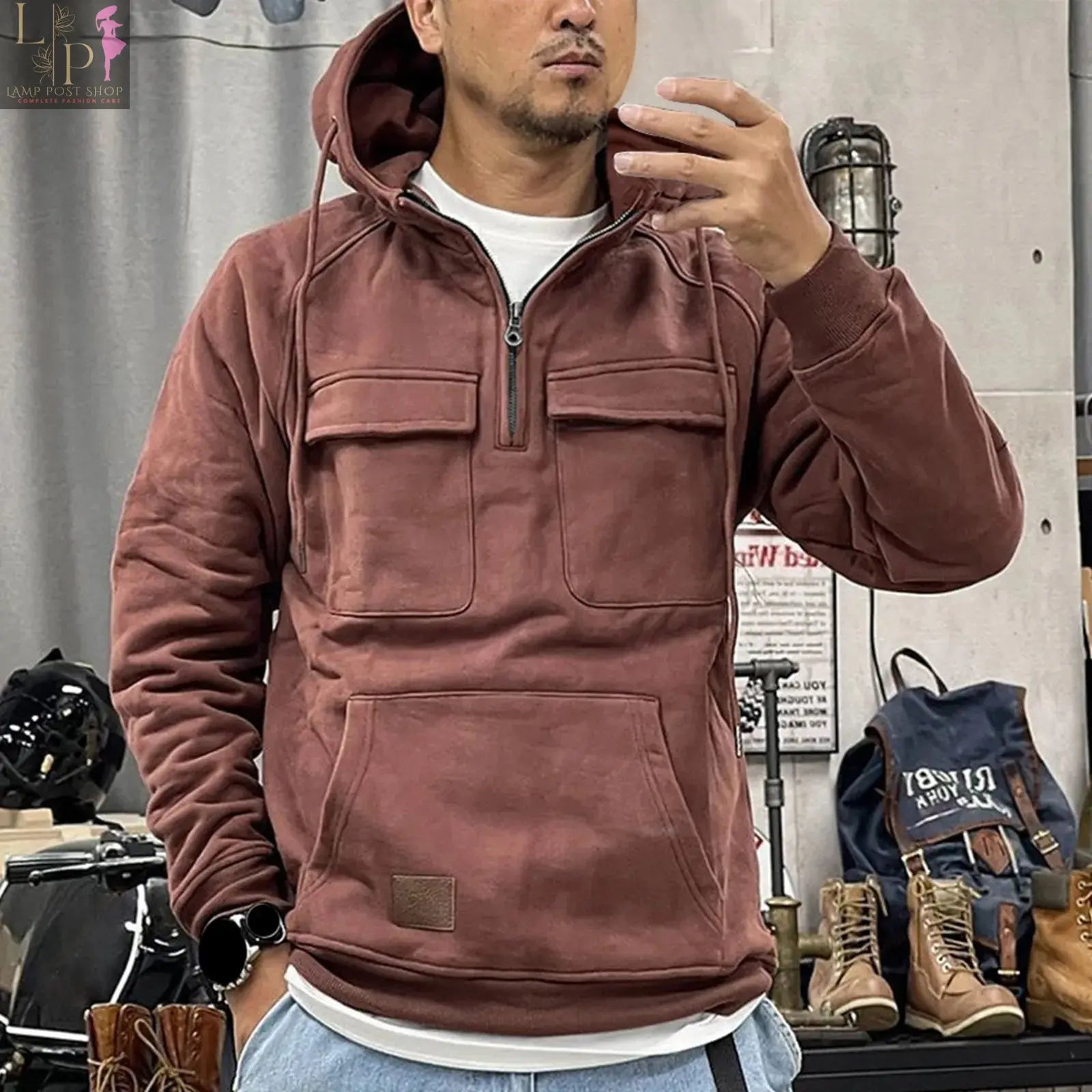 Men's hot pink winter sweatshirt by Lamp Post, zippered loose-fit pullover hoodie, casual dress for training or everyday wear.