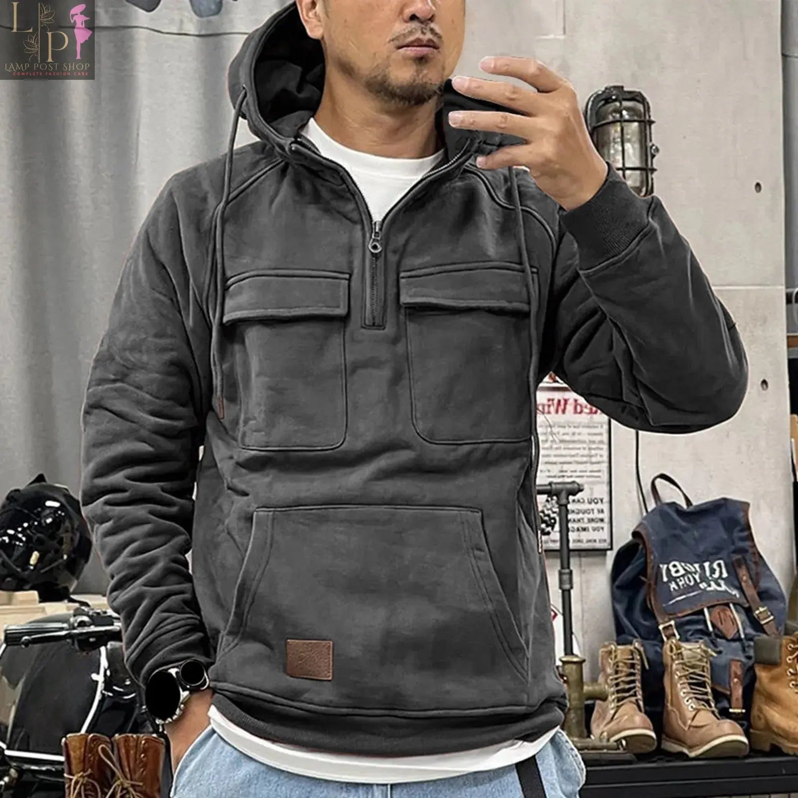 Lamp Post men's winter sweatshirt with hood, zipper, loose fit, in hot pink, suitable for training or casual wear.