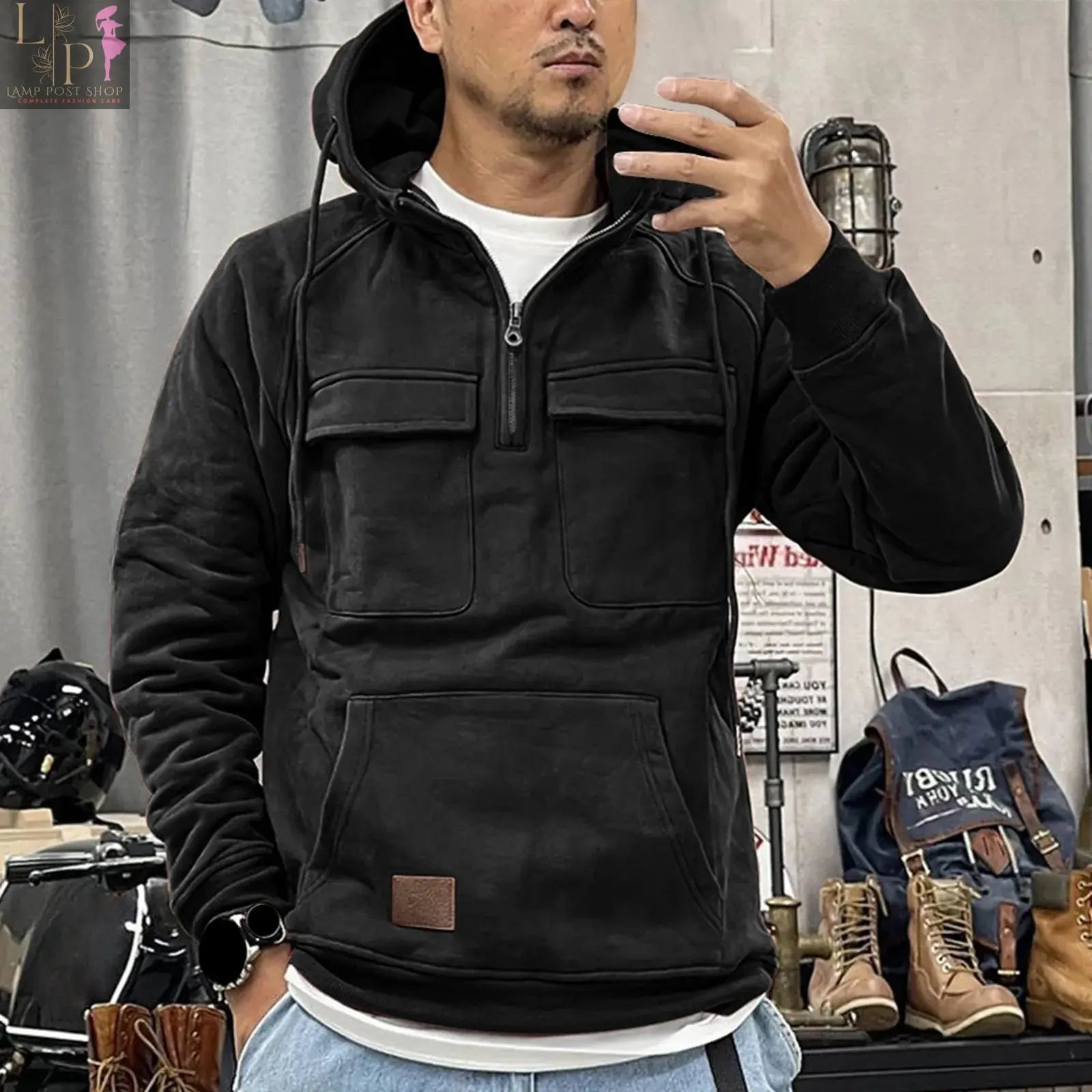 Men's Lamp Post winter sweatshirt with hood, zippered loose-fit training sweatshirt in vibrant hot pink, perfect for cold weather.