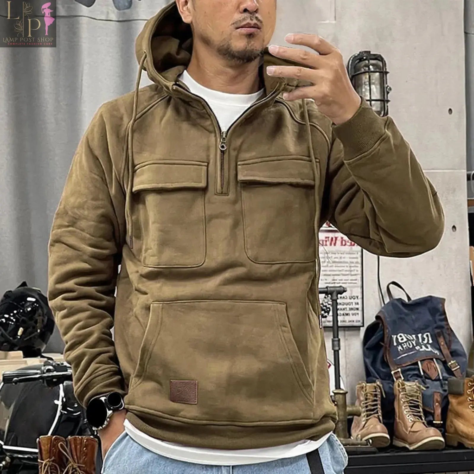 Lamp Post men's winter sweatshirt, hot pink zippered pullover hoodie with loose-fit design, suitable for training and casual wear.