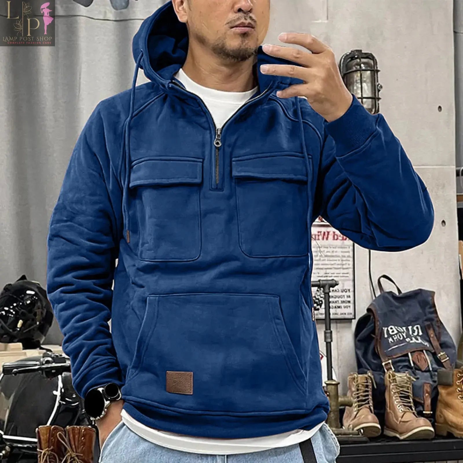 Lamp Post men's winter sweatshirt in hot pink, zippered pullover hoodie with a loose fit, suitable for training and casual wear.
