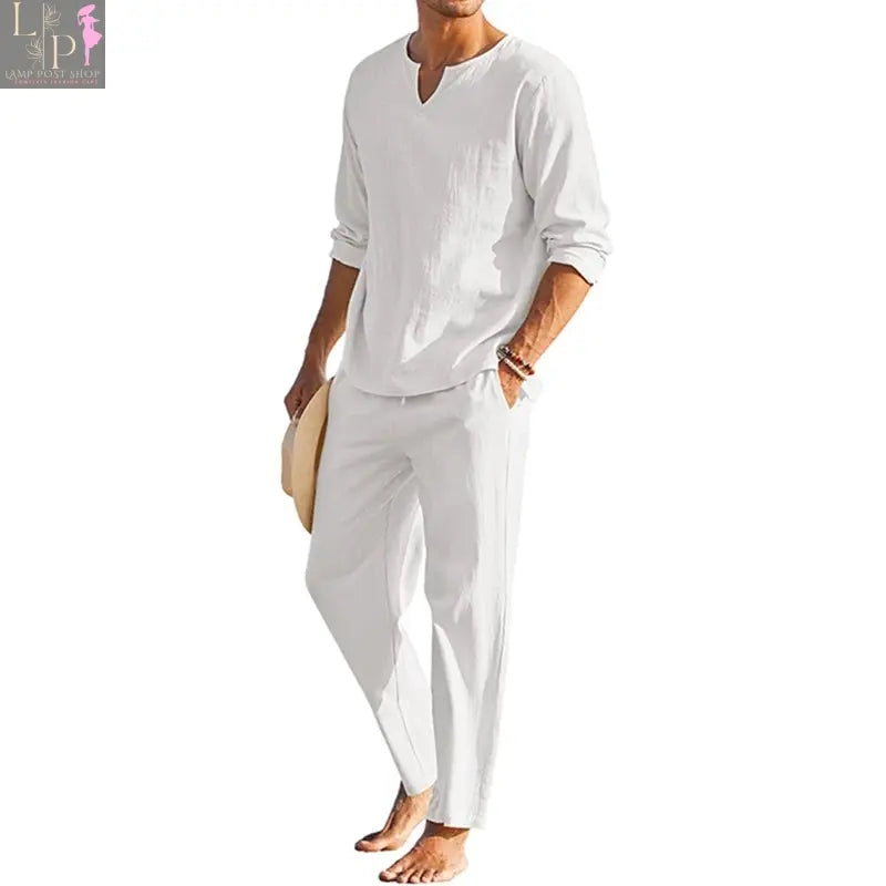 Men's navy blue summer cotton linen dress loungewear set with long sleeve Henley shirt and elastic waist drawstring pants by Lamp Post.