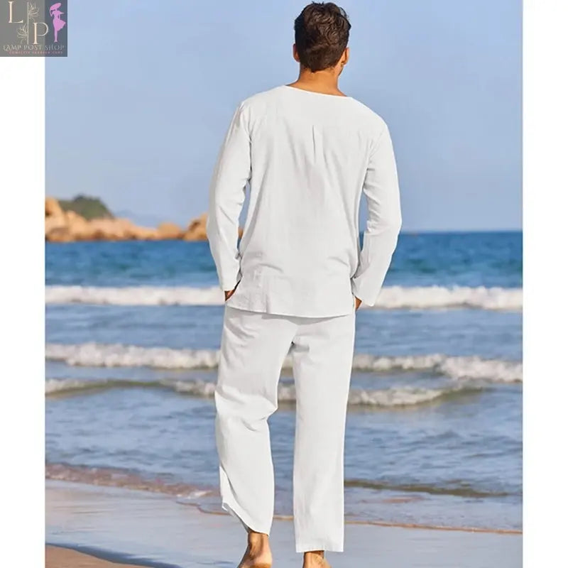 Men's navy blue summer cotton linen dress set with long sleeve Henley shirt and elastic waist drawstring pants, by Lamp Post.