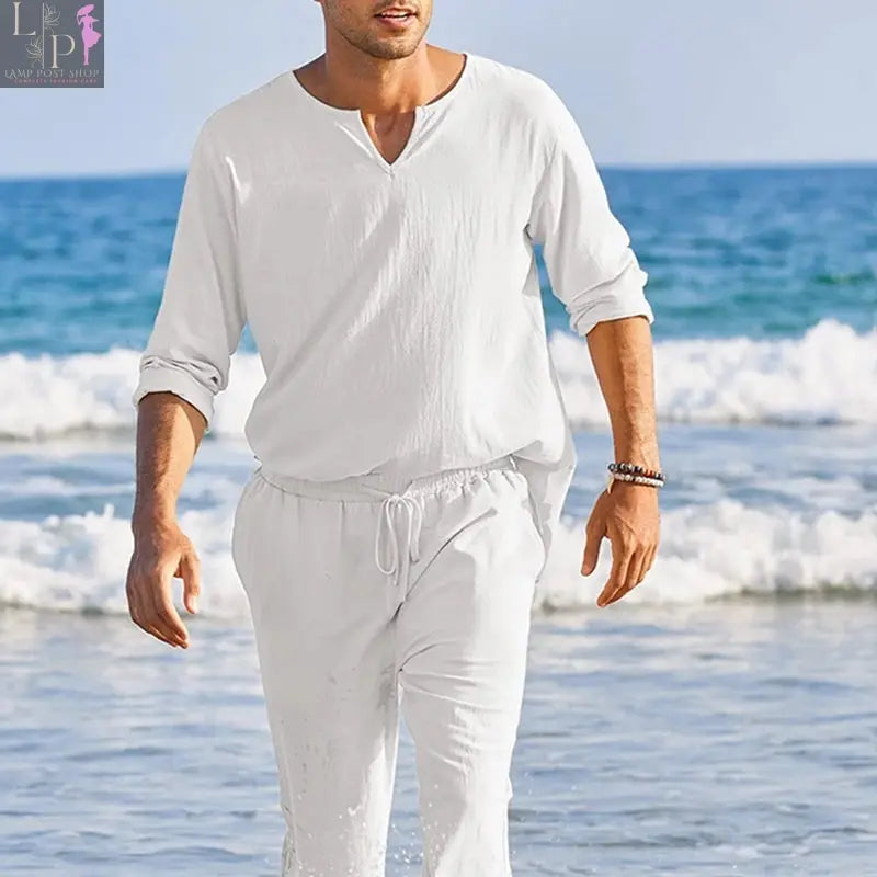 Men's navy blue summer cotton linen dress set with long sleeve Henley shirt and elastic waist drawstring pants by Lamp Post.