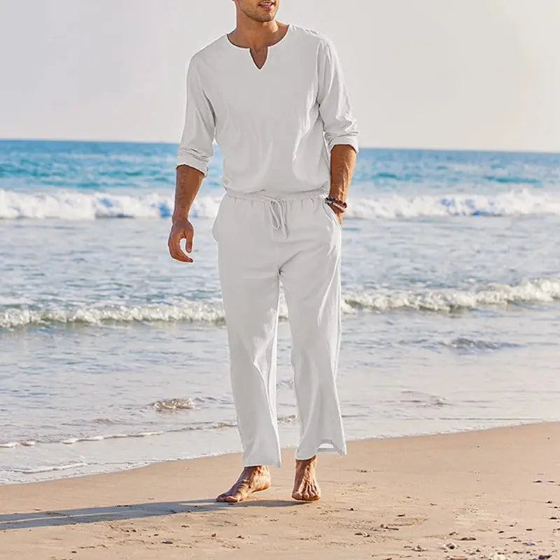 Men's navy blue summer cotton linen loungewear set with long sleeve Henley shirt and elastic waist drawstring pants by Lamp Post.