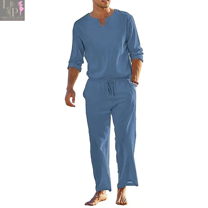 Men's navy blue summer cotton linen loungewear set with long sleeve Henley shirt and elastic waist drawstring pants, by Lamp Post.