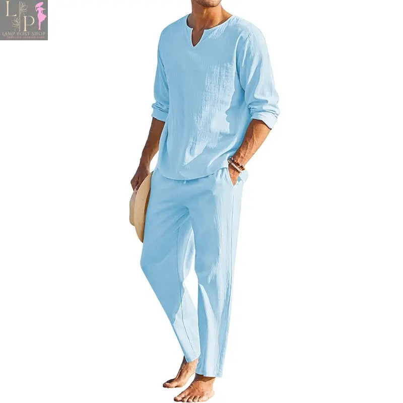 Men's navy blue summer cotton linen dress loungewear set with long sleeve Henley shirt and elastic waist drawstring pants by Lamp Post.
