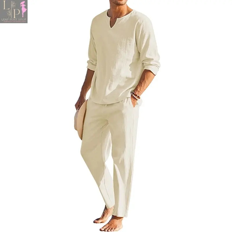 Men's navy blue summer cotton linen loungewear set with long sleeve Henley shirt and elastic waist drawstring pants by Lamp Post.