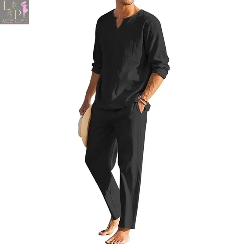 Men's navy blue summer cotton linen dress loungewear set with long sleeve Henley shirt and elastic waist drawstring pants by Lamp Post.